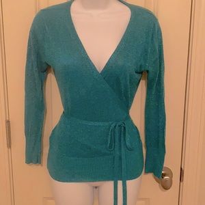 BCBG Peacock Metallic sparkle blue wrap sweater